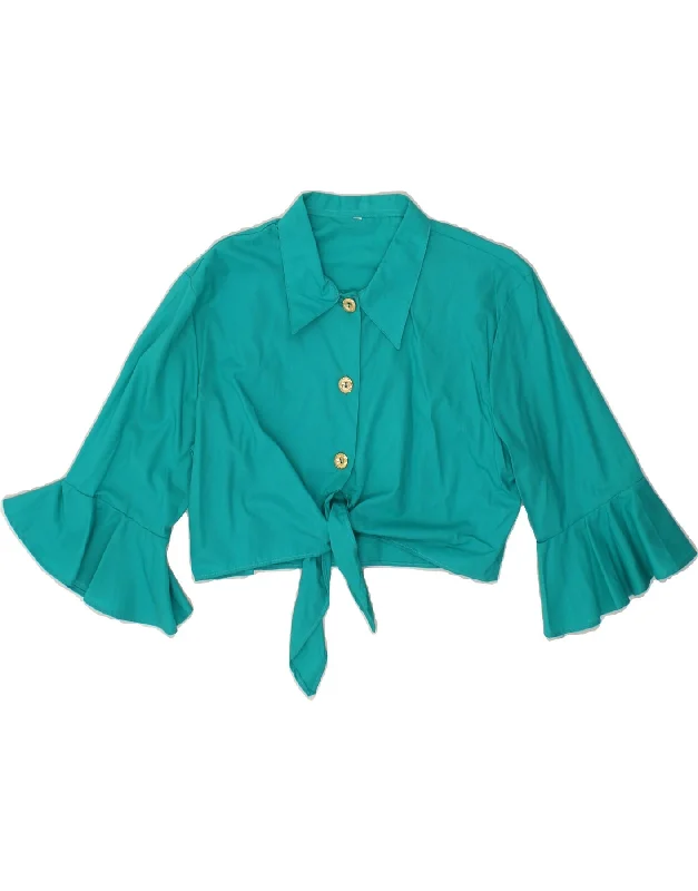 VINTAGE Womens 3/4 Sleeve Front Tie Shirt Blouse UK 14 Medium Turquoise Embroidered Floral Blouse VINTAGE Womens 3/4 Sleeve Front Tie Shirt Blouse UK 14 Medium Turquoise Embroidered Floral Blouse