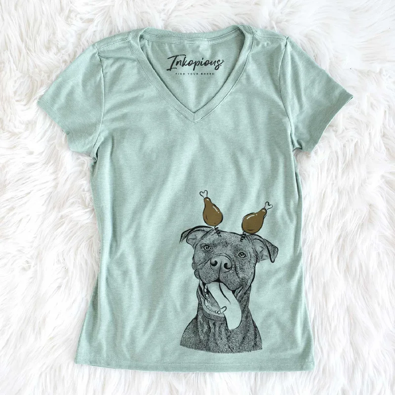 Thanksgiving Mikey the Boxador - Women's V-neck Shirt-- Fleece Nylon Spandex