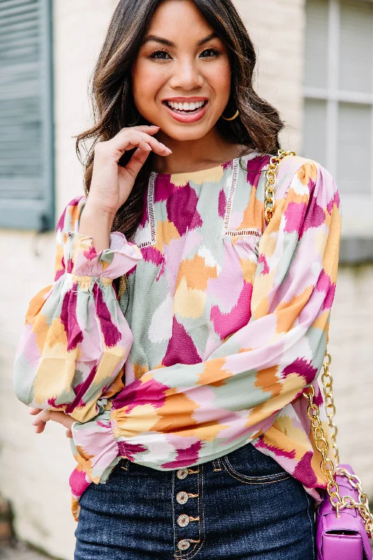 No Questions Magenta Purple Abstract Blouse Soft Knit Blouse