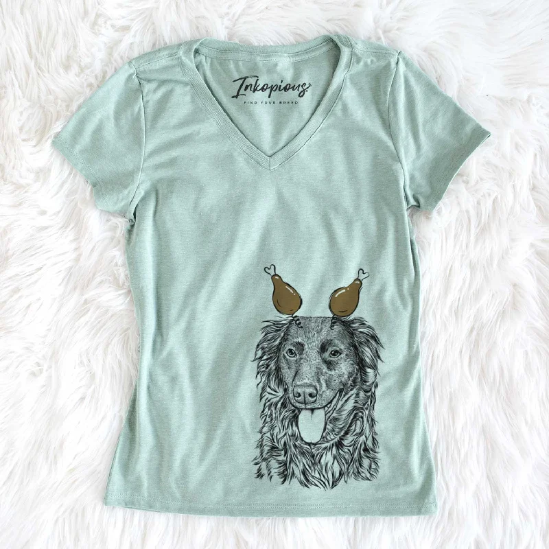 Thanksgiving Maisie Mae the Aussiedor - Women's V-neck Shirt-- Nylon Fabric Polyester Fabric Spandex Fabric Thanksgiving Maisie Mae the Aussiedor - Women's V-neck Shirt-- Nylon Fabric Polyester Fabric Spandex Fabric