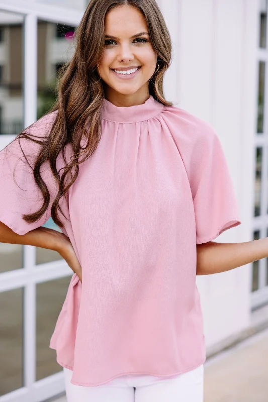 Tell Your Truth Blush Pink Mock Neck Blouse Versatile Layering Blouse