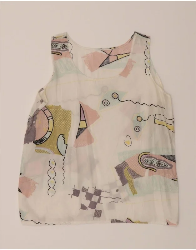 VINTAGE Womens Abstract Pattern Sleeveless Blouse Top UK 14 Medium White Silky Tunic Blouse VINTAGE Womens Abstract Pattern Sleeveless Blouse Top UK 14 Medium White Silky Tunic Blouse