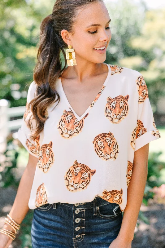 The Madison White Tiger Print Blouse Business Casual Blouse