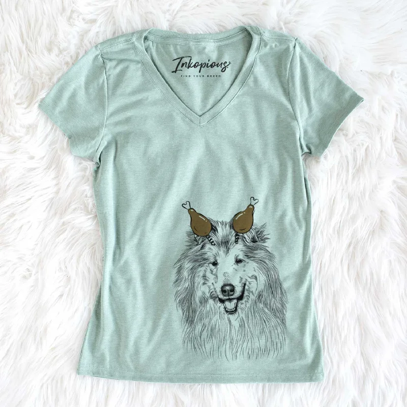 Thanksgiving Donnan the Rough Collie - Women's V-neck Shirt-- Handmade Hand-knitted Hand-woven