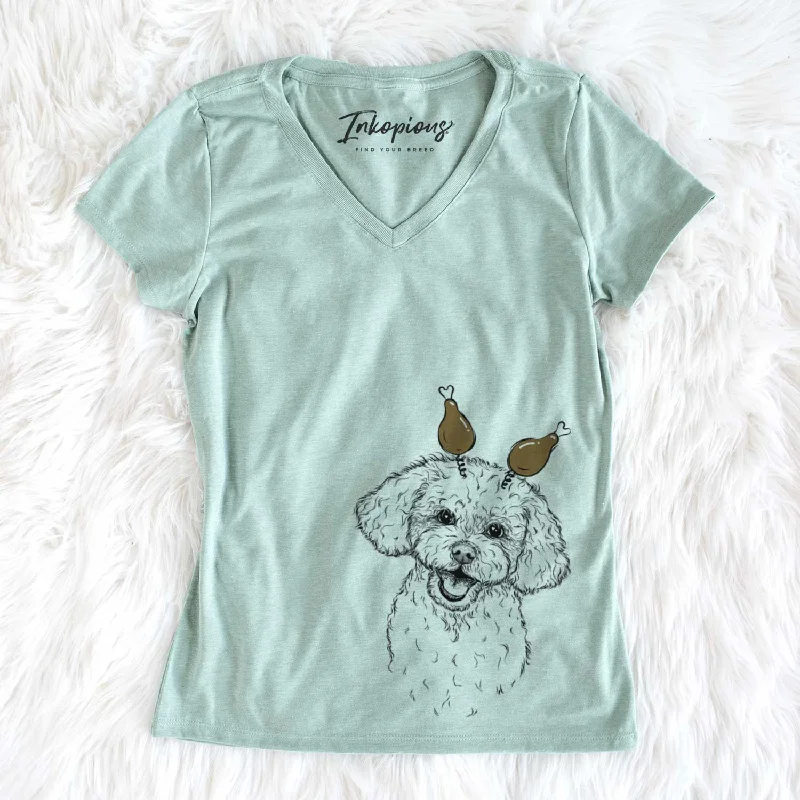 Thanksgiving Caesar the Bichon Frise - Women's V-neck Shirt-- Solid Print Embellished Thanksgiving Caesar the Bichon Frise - Women's V-neck Shirt-- Solid Print Embellished