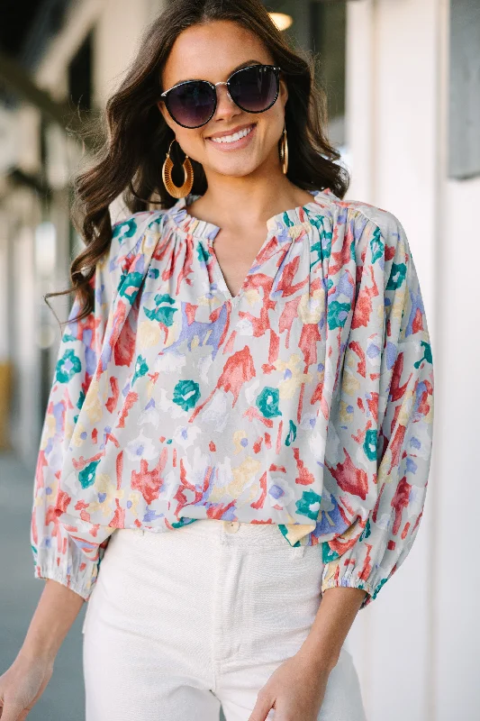 Take You With Me Gray Floral Blouse Lightweight Tunic Blouse