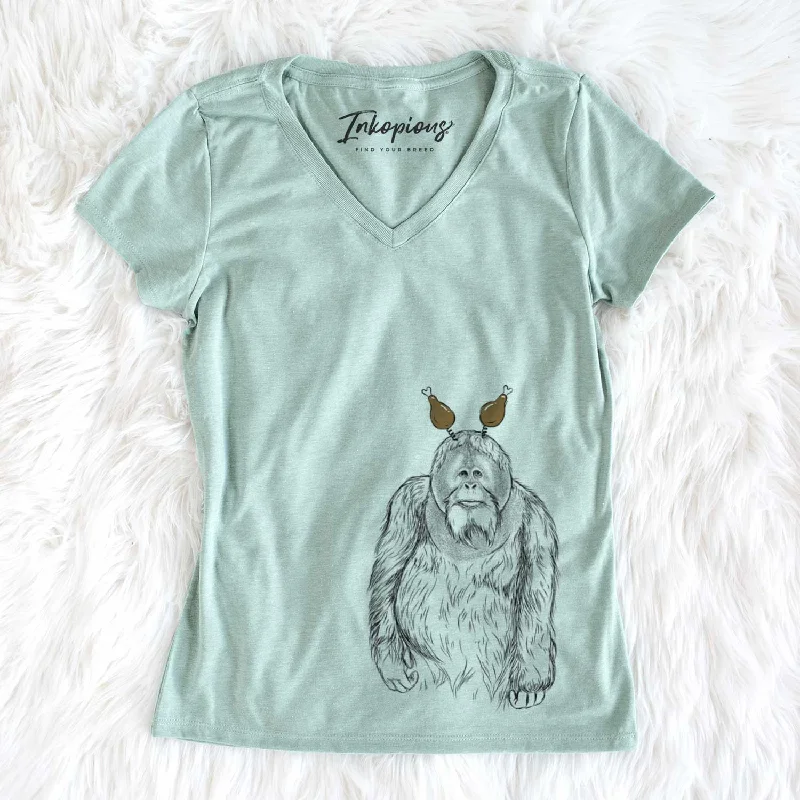 Thanksgiving Horace the Male Orangutan - Women's V-neck Shirt-- Beaded Sequined Faux Fur