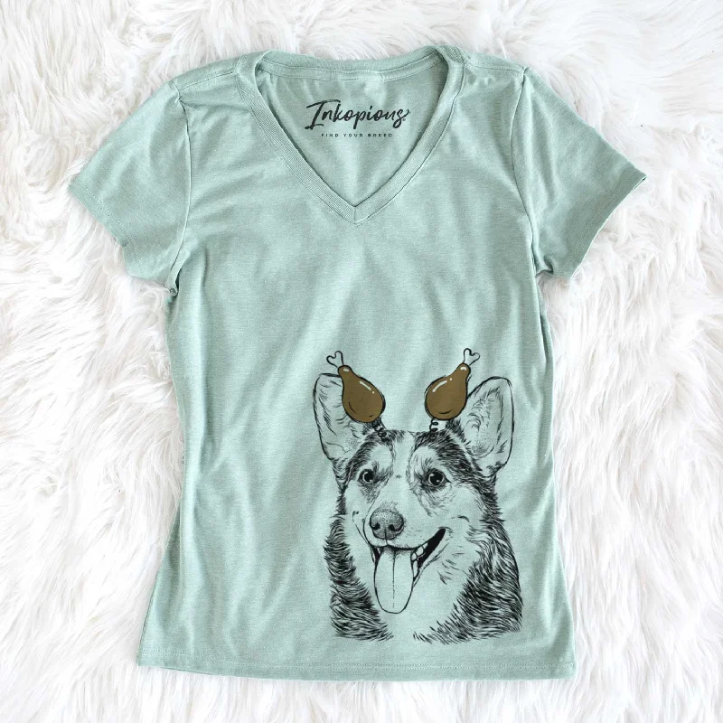 Thanksgiving Darma the Corgi - Women's V-neck Shirt-- Rayon Fabric Velvet Fabric Corduroy Fabric Thanksgiving Darma the Corgi - Women's V-neck Shirt-- Rayon Fabric Velvet Fabric Corduroy Fabric