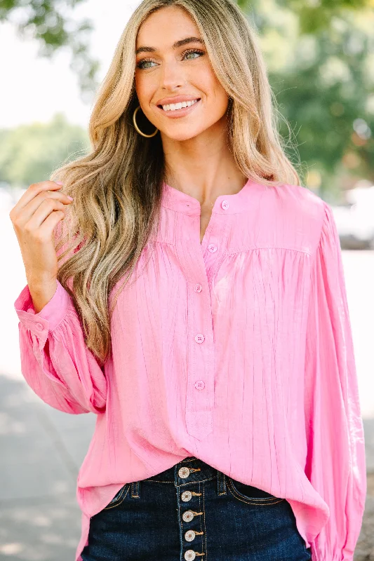 Show Them All Bright Pink Button Down Blouse Backless Summer Blouse