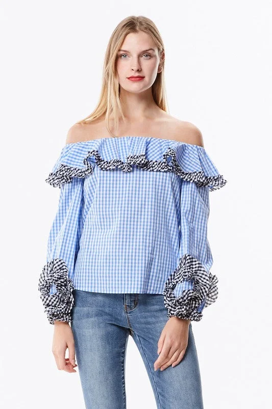 Off The Shoulder Gingham Blouse Satin Bow Blouse