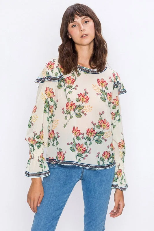 Floral Blouse W/ Bishop Sleeves Sweetheart Neck Blouse