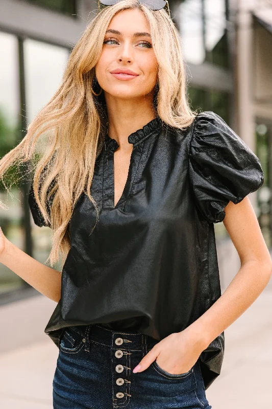 Plan Approved Black Faux Leather Blouse Stylish Wrap Blouse