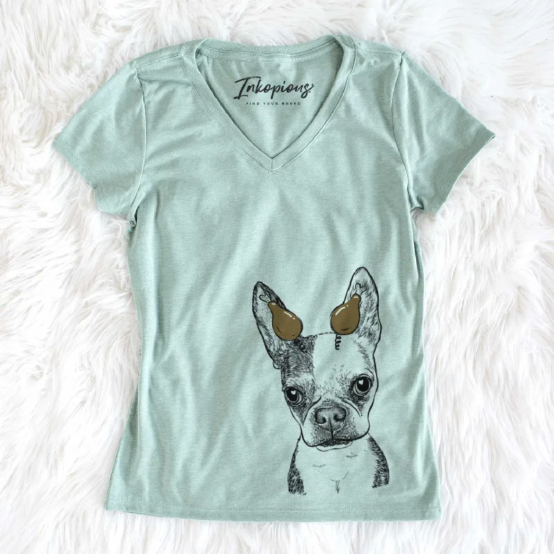 Thanksgiving Daisy the Boston Terrier - Women's V-neck Shirt-- Collared Crew Neck Turtle Neck Thanksgiving Daisy the Boston Terrier - Women's V-neck Shirt-- Collared Crew Neck Turtle Neck