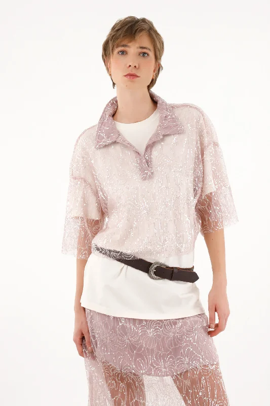 Women's purple sheer sequin shirt-- Satin Blend Silk Blend Wool Blend