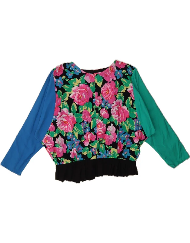 VINTAGE Womens Batwing Blouse Top UK 16 Large Multicoloured Floral Drape Neck Blouse