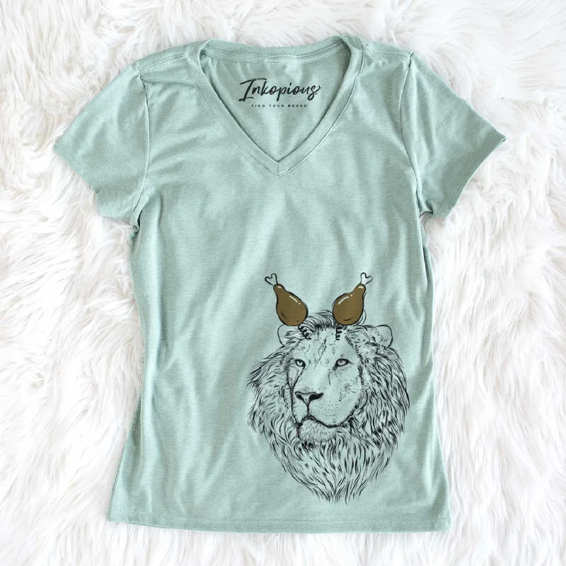Thanksgiving Lenny the Lion - Women's V-neck Shirt-- Chenille Blend Fleece Blend Nylon Blend Thanksgiving Lenny the Lion - Women's V-neck Shirt-- Chenille Blend Fleece Blend Nylon Blend