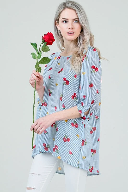 Fruit and Stripe Print Blouse Off-Shoulder Wrap Blouse