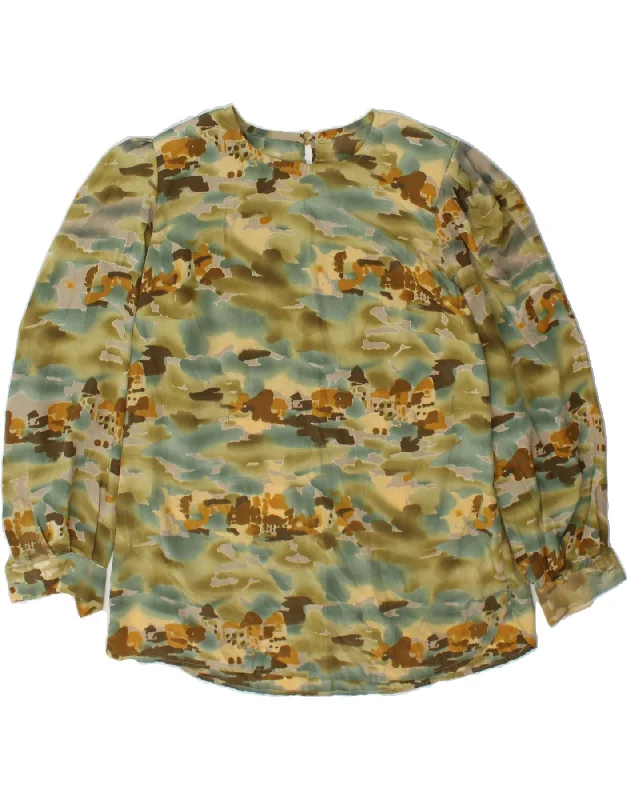 VINTAGE Womens Long Sleeve Blouse Top UK 14 Large Khaki Camouflage Modern Work Blouse