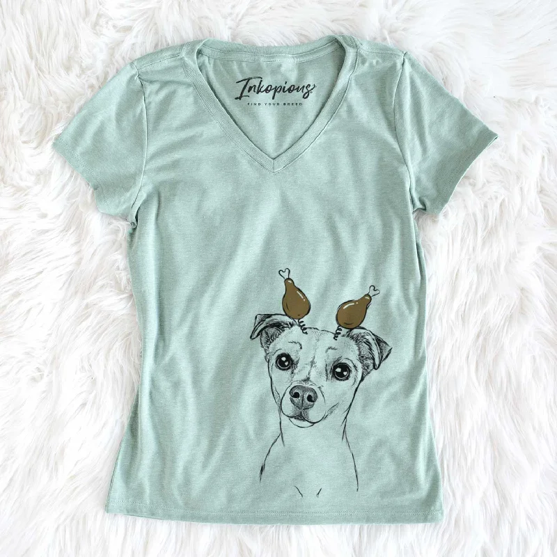 Thanksgiving Izzy the Chiweenie - Women's V-neck Shirt-- Hooded Caped Shawl Collar