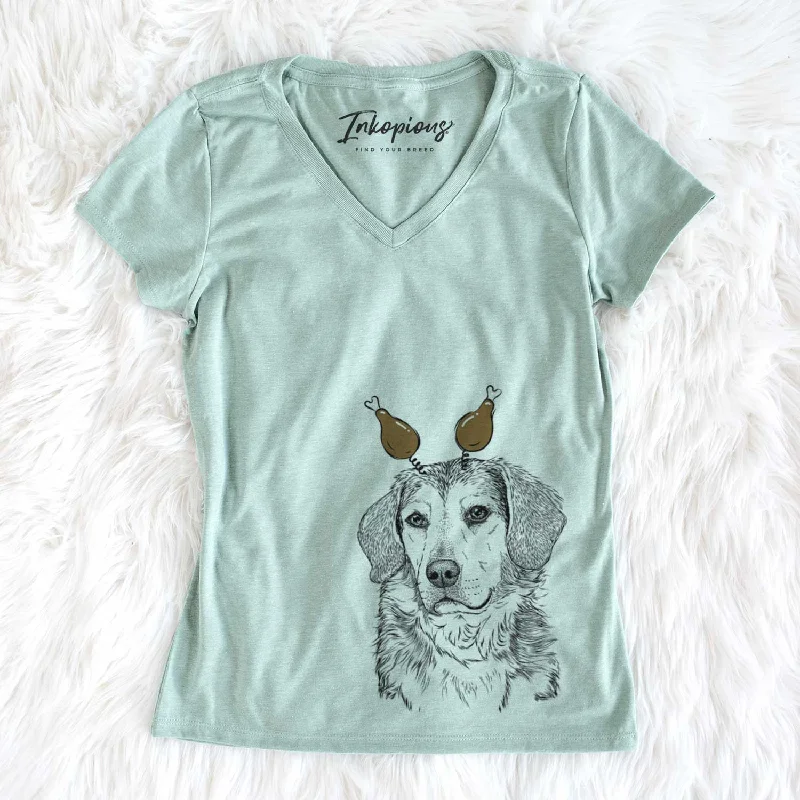Thanksgiving Gunner the Beagle Mix - Women's V-neck Shirt-- Embroidered Appliqued Beaded Thanksgiving Gunner the Beagle Mix - Women's V-neck Shirt-- Embroidered Appliqued Beaded