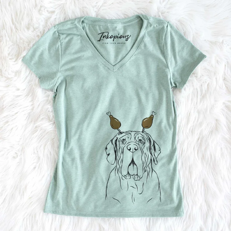 Thanksgiving Dinah the Neapolitan Mastiff - Women's V-neck Shirt-- Mesh Blend Leather Blend Suede Blend