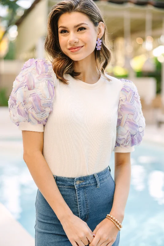 Live Your Life Cream White Textured Purple Sleeve Blouse Boho Chic Blouse