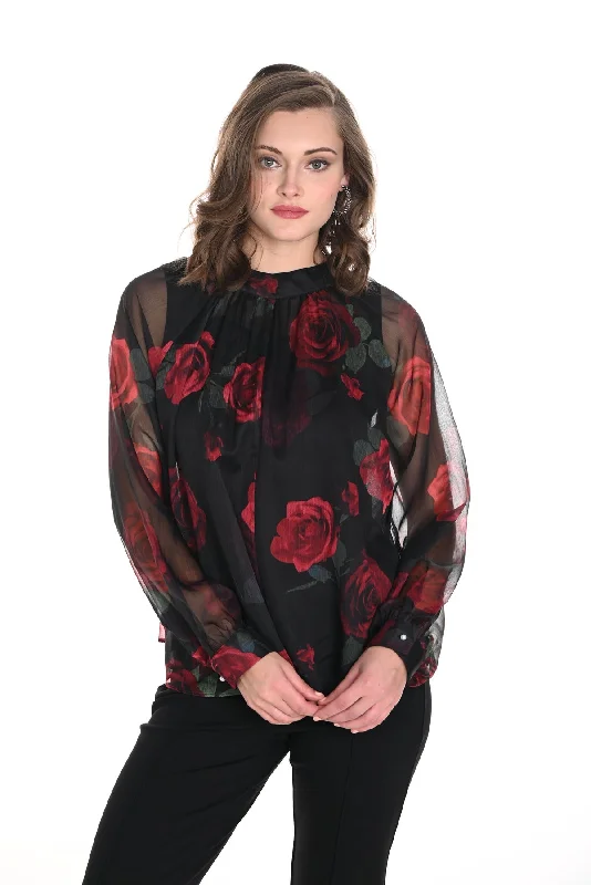 Black/ Red Rose Woven Blouse Delicate Pleat Blouse