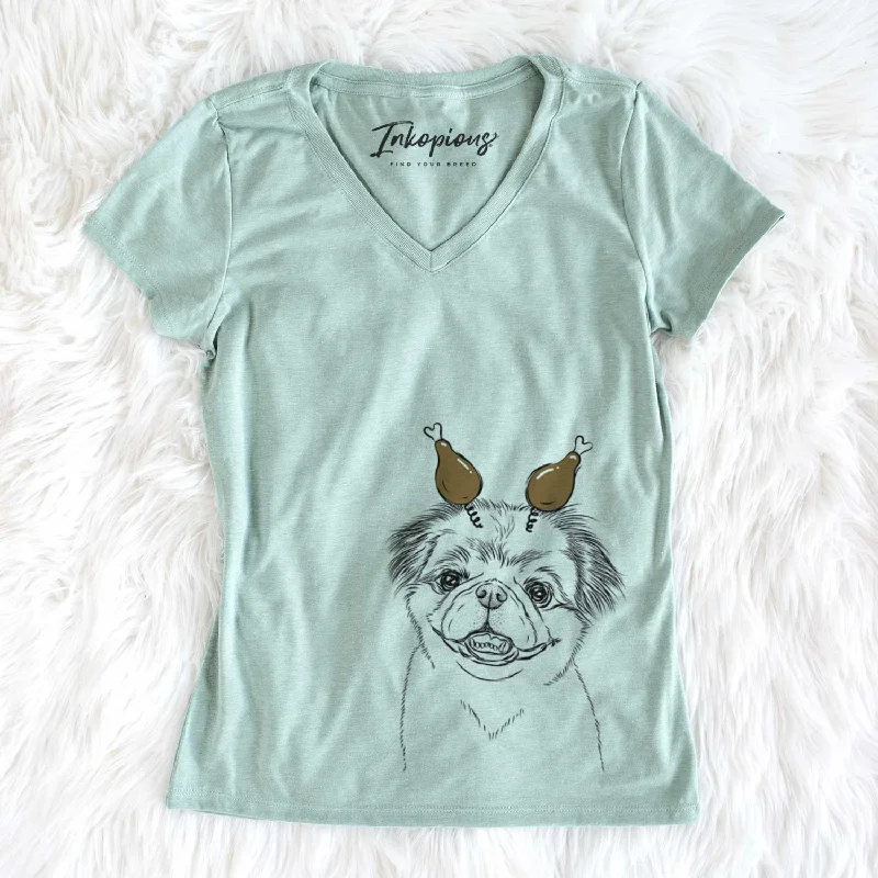 Thanksgiving Danny the Pekingese - Women's V-neck Shirt-- Solid Print Embellished