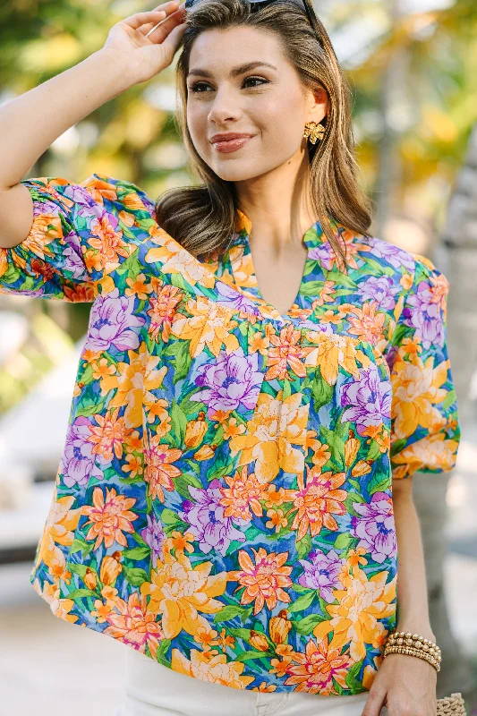 Moving Forward Blue Floral Blouse Stretchy Fitted Blouse