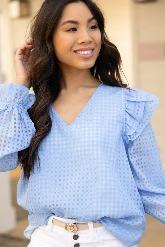 Known Beauty Blue Ruffled Blouse Classic Striped Blouse