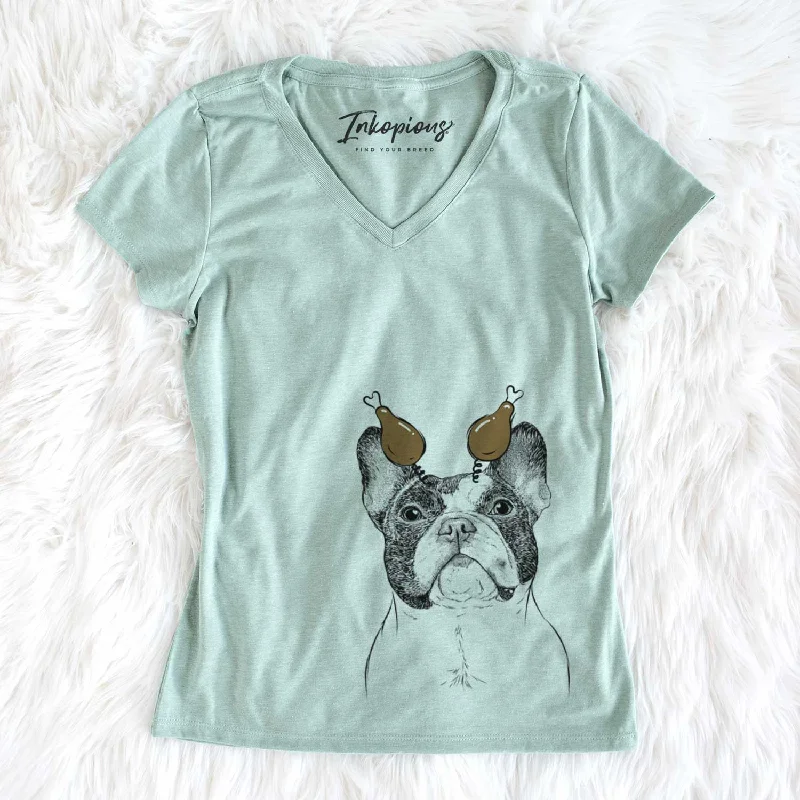 Thanksgiving Ella the French Bulldog - Women's V-neck Shirt-- Lace Blend Ribbed Blend Corduroy Blend Thanksgiving Ella the French Bulldog - Women's V-neck Shirt-- Lace Blend Ribbed Blend Corduroy Blend