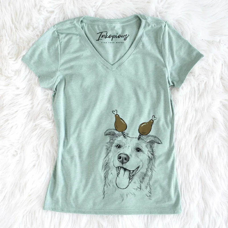 Thanksgiving Macaroni the Border Collie - Women's V-neck Shirt-- Polka Dot Checkered Tartan Thanksgiving Macaroni the Border Collie - Women's V-neck Shirt-- Polka Dot Checkered Tartan