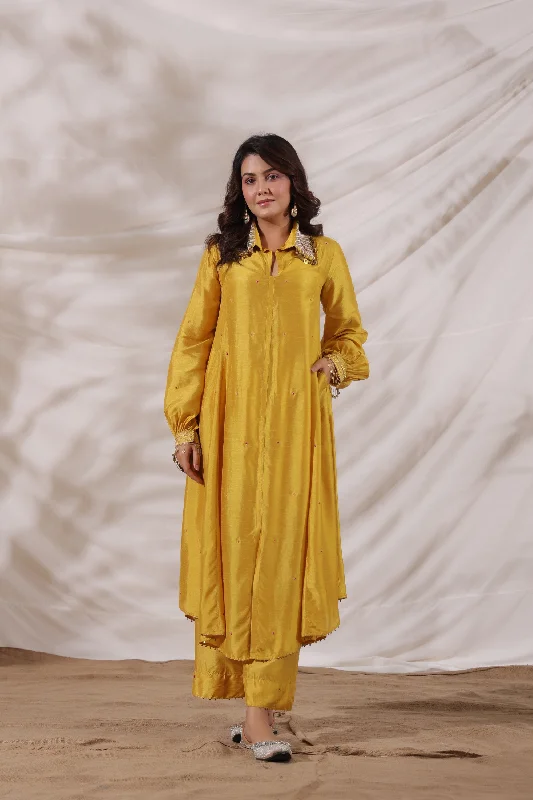 Pankh Shirt Style Embroidered Kurta Set-- Striped Floral Plaid