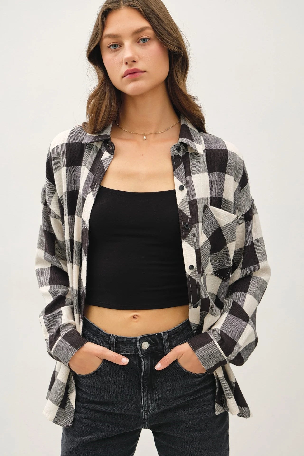 SOFT BUFFALO CHECK FLANNEL SHIRT-- Solid Print Embellished