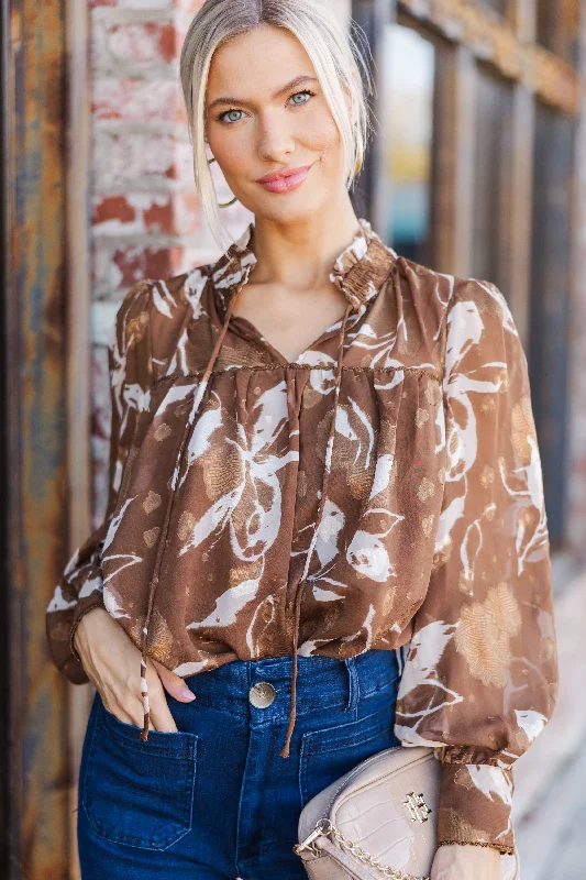Give You A Try Camel Brown Floral Blouse Delicate Pleat Blouse