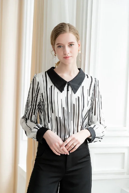 Printed Blouse W/ Contrast Collar Embroidered Cotton Blouse