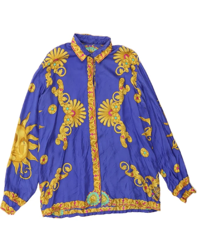 VINTAGE Womens Graphic Shirt Blouse UK 16 Large Blue Embellished Collar Blouse