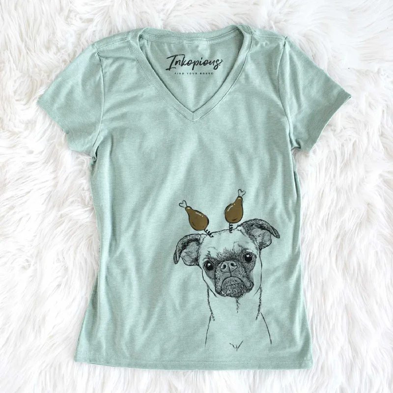 Thanksgiving Groot the Brussels Griffon - Women's V-neck Shirt-- Spandex Blend Rayon Blend Denim Blend Thanksgiving Groot the Brussels Griffon - Women's V-neck Shirt-- Spandex Blend Rayon Blend Denim Blend