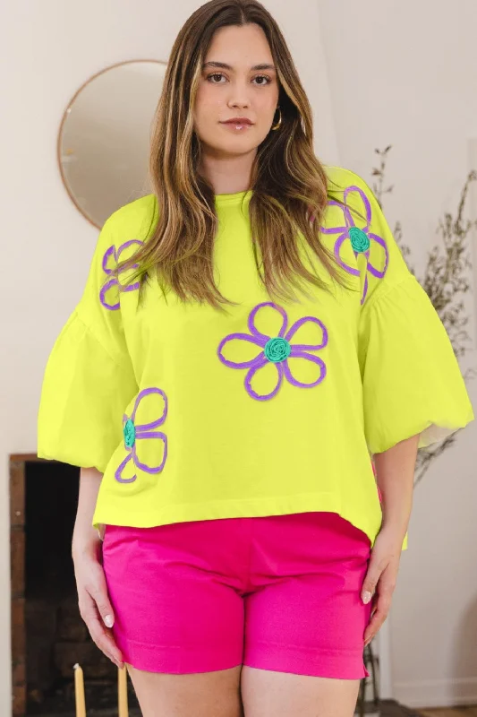 Hazel Blues® |  ODDI Flower Embroidery Detail T-Shirt-- Real Fur Shearling Chenille