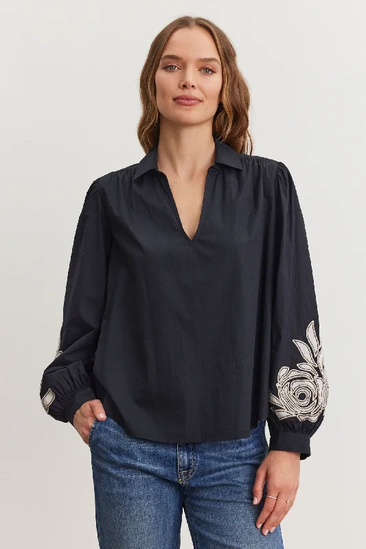 Velvet Martine Long-Sleeve Blouse / Black Silky Tunic Blouse