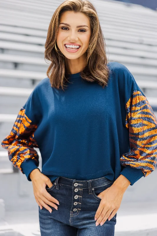 First In Line Navy Blue Tiger Sequin Blouse Asymmetric Hem Blouse