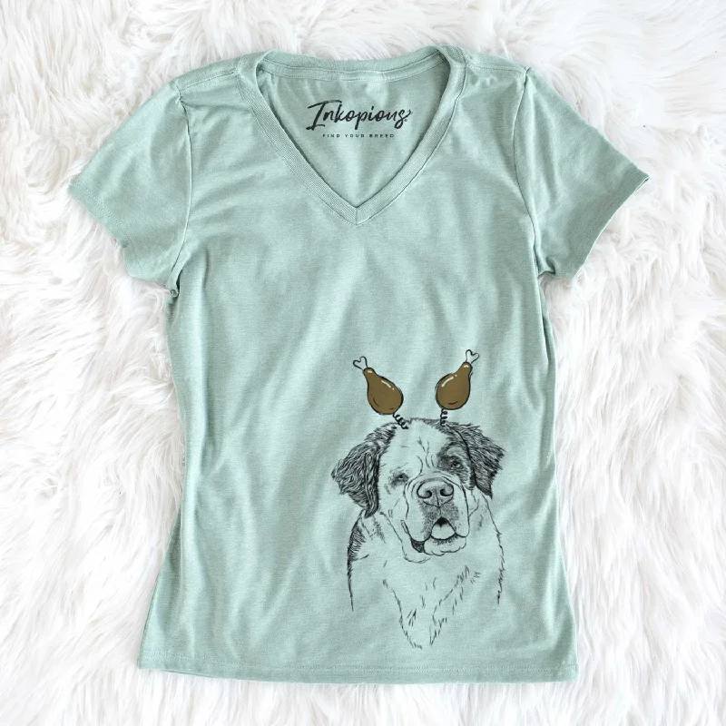 Thanksgiving Hook the Saint Bernard - Women's V-neck Shirt-- Silk Blend Satin Velvet