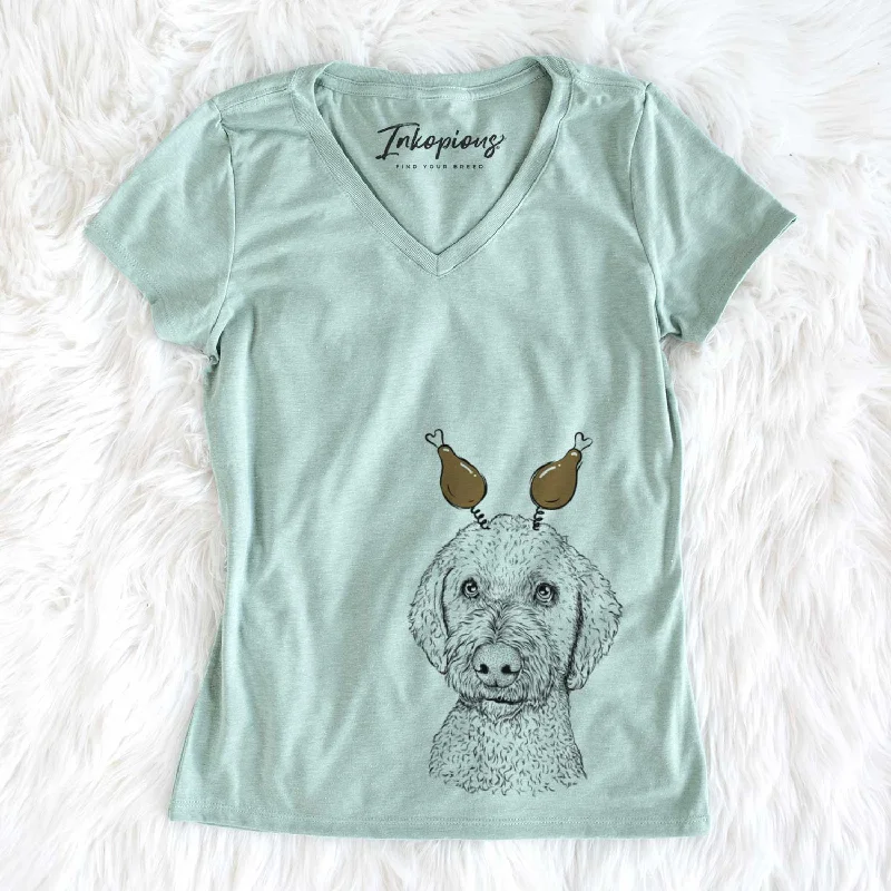 Thanksgiving Lucy Boo the Goldendoodle - Women's V-neck Shirt-- Graphic T-Shirt Round Neck Polyester Thanksgiving Lucy Boo the Goldendoodle - Women's V-neck Shirt-- Graphic T-Shirt Round Neck Polyester