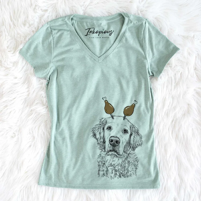 Thanksgiving Loganator the Golden Retriever - Women's V-neck Shirt-- Hooded Caped Shawl Collar Thanksgiving Loganator the Golden Retriever - Women's V-neck Shirt-- Hooded Caped Shawl Collar