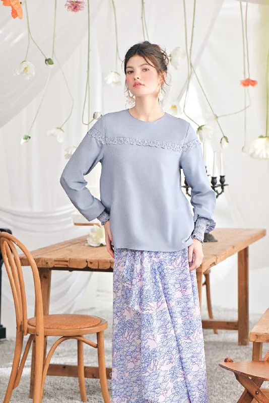 The Mimpian Women Doll Blouse - Light Pigeon Blue Elegant Semi-Sheer Blouse