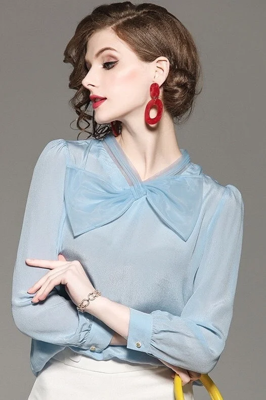 Blue Chiffon Blouse W/ Bow Tie Feminine Ruffle Blouse