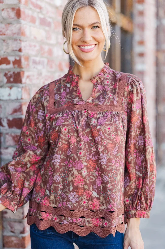 In This Case Brown Floral Blouse Elegant Peplum Blouse