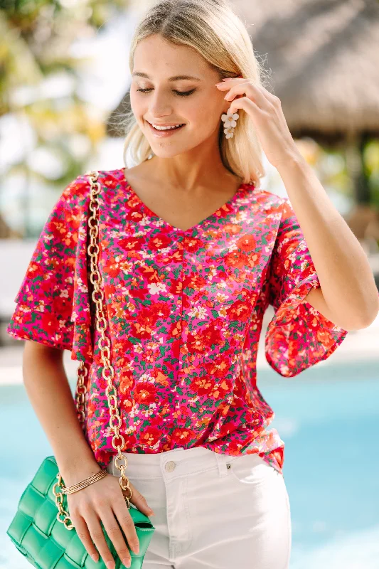 New Levels Fuchsia Pink Ditsy Floral Blouse Boho Printed Blouse