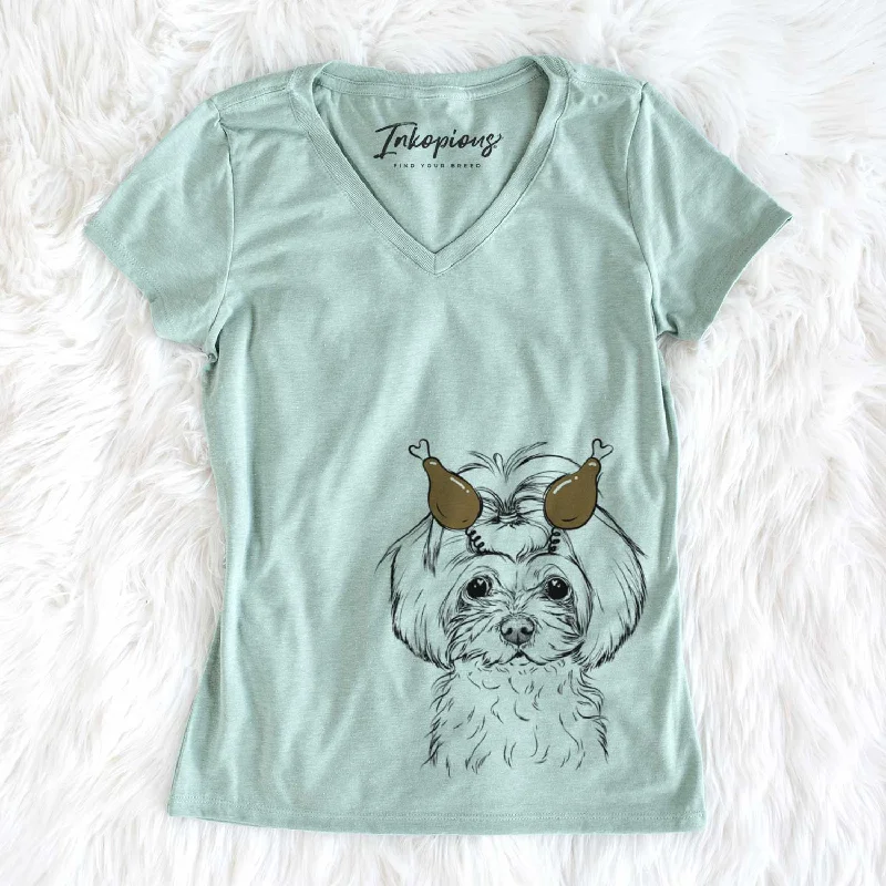 Thanksgiving Ellie the Maltese - Women's V-neck Shirt-- Spandex Blend Rayon Blend Denim Blend Thanksgiving Ellie the Maltese - Women's V-neck Shirt-- Spandex Blend Rayon Blend Denim Blend