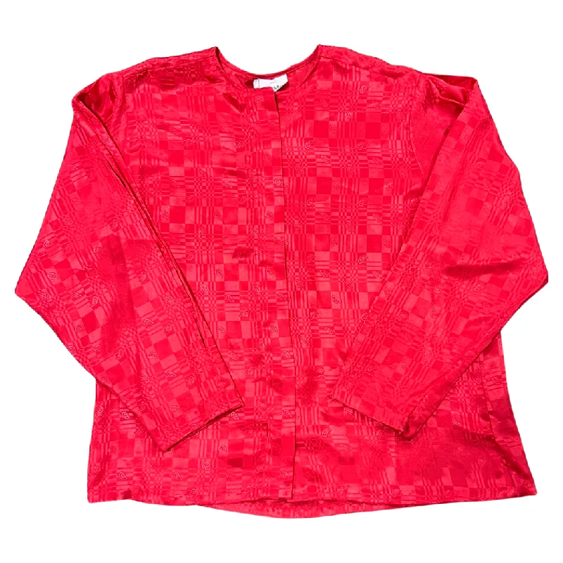 Vintage Red Paisley Check Blouse (XL) Pleated Collar Blouse